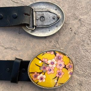 Austin artist “Cherry Blossom” belt buckle can include removable leather belt